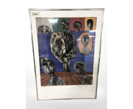 20th Century Continental School : Abstract faces, colour lithograph, indistinctly signed in pencil and numbered 15 of 65, 52 