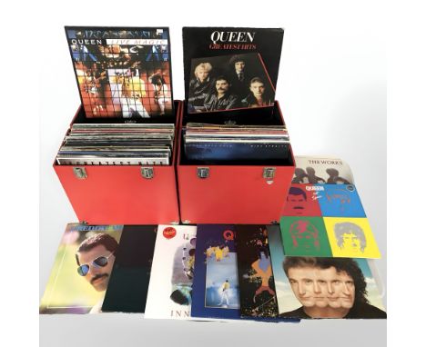 Two cases of vinyl LP records including Michael Jackson, The Carpenters, Queen, Barry Manilow, ABBA, Billy Joel, Bruce Spring