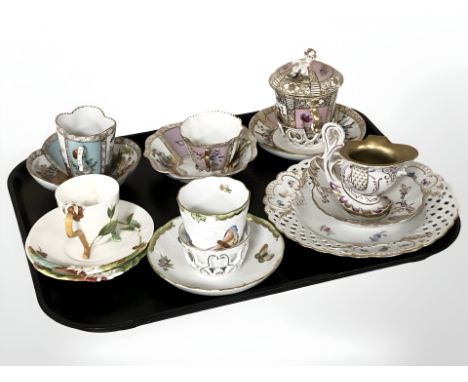 A group of Dresden porcelain tea cups and saucers, Herend porcelain tea cup and saucer etc 