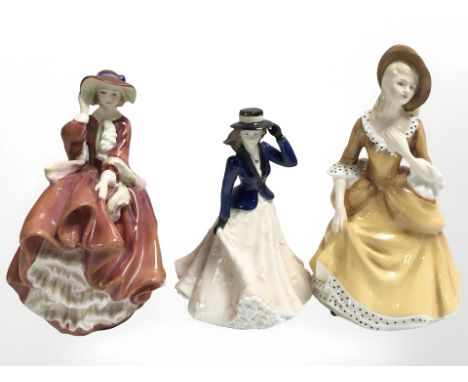 Two Royal Doulton figures, Sandra HN2275, Top O' The Hill HN1834 and a Royal Worcester figure Annabel.