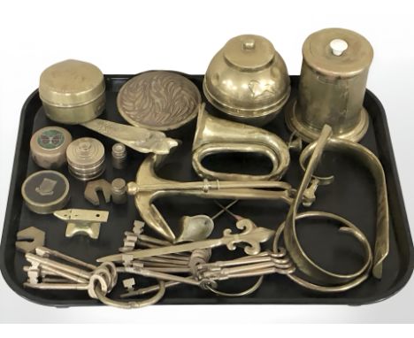 A group of brass wares including three key rings, miniature bugle, lidded boxes, anchor, etc.