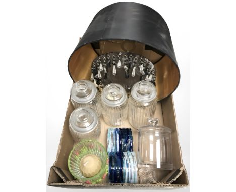 A group of glass storage jars, contemporary light shade, candle holder, etc. (1 box)