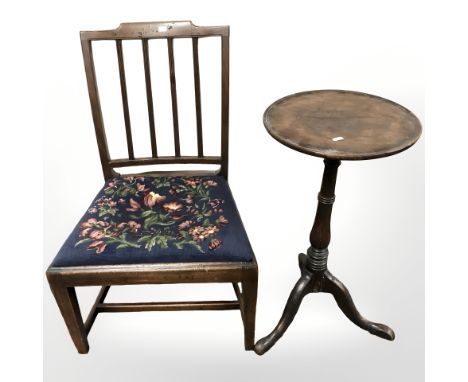 A mahogany tapestry upholstered chair and a tripod wine table.