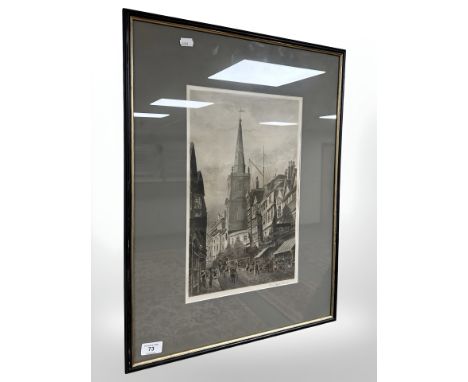 A 19th century etching depicting High Street, Bristol, 26 cm x 41 cm.