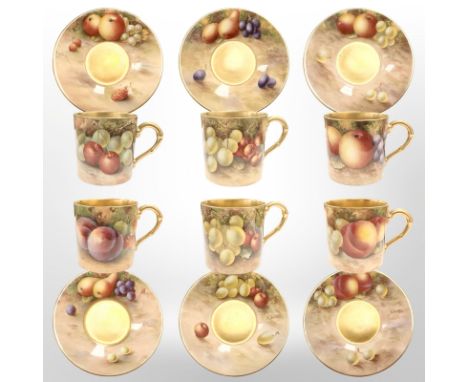 A harlequin set of six Royal Worcester hand painted demitasse coffee cans with saucers, each decorated with grapes, berries a