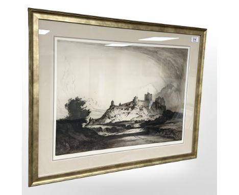 Albany E Howarth (British 1872-1936) : Bamburgh Castle, drypoint etching, a fine impression printed in sepia, signed in penci