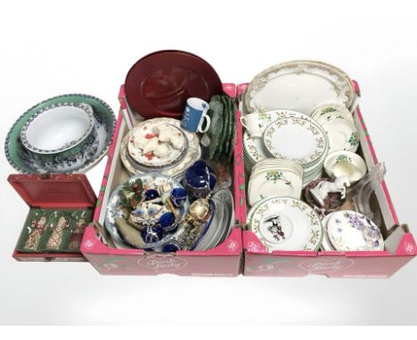 A modern porcelain part dinner service, glass wares, figurines, wash jug and basin, etc. (2 boxes)