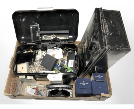 A quantity of costume jewellery, wristwatches, sunglasses, enamel metal tin etc (1 box)
