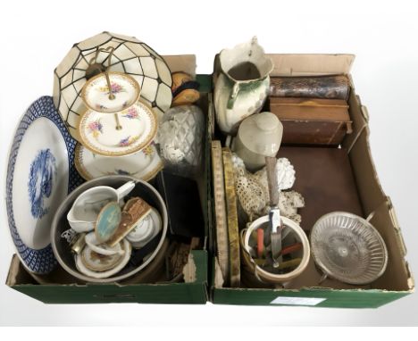 Assorted ceramics, cutlery, stoneware hot water bottle, glass light shade, etc. (2 boxes)