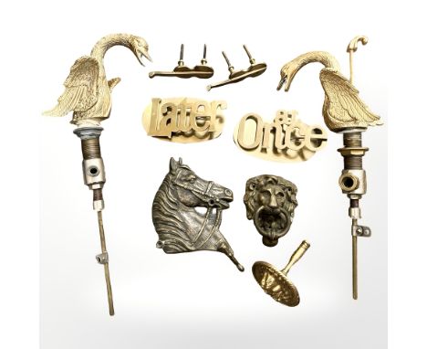 Brass 'Later' and 'At Once' desk paper clips, pair of ornate gilt metal taps in the form of swans, lion mask door knocker, ho