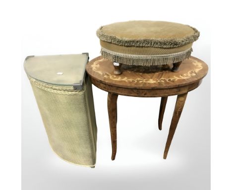 An Italian inlaid occasional table, a loom linen box and a small footstool 