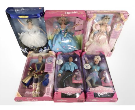 Six Mattel Barbie dolls, all boxed. (1 box)