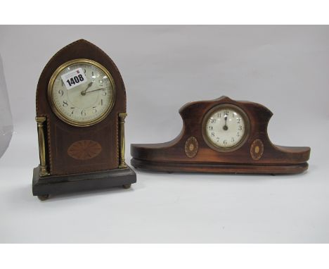 Edwardian Mahogany Mantle Clock, with batwing inlay, brass pillars and feet, French movement, 23.5cm high, one other (2).