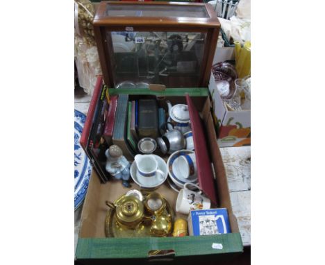 Books, brass ware, teaware, Nao figurine, Russian dolls, 1949 teapot, etc:- One Box, laboratory scales.