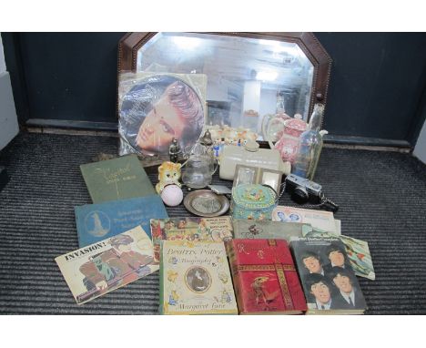 Elvis Presley Picture Discs x 2, cigarette cards, stamp albums, camera, tin, jam pot, etc:- One Box, oak framed mirror.