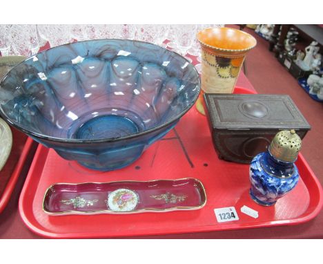 Davidson Smoky Glass Bowl, 29.5cm diameter, Crown Ducal vase in the Charlotte Rhead manner, sugar castor, Limoges pin tray, B
