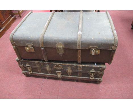 Metal Bound Travelling Trunk, 94cm wide, wooden bound hara hessian example. (2)