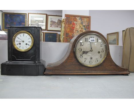 Oak Domed Cased Mantle Clock, with Westminster chimes movement (glass cracked), slate cased mantle clock. (2)
