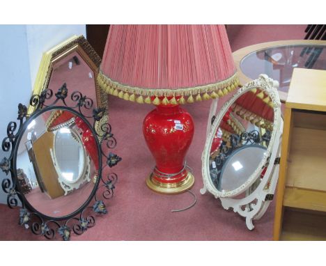 Octagonal Bevelled Mirror, in gilt frame, dressing table mirror, one further mirror and a red glass table lamp with chinoiser