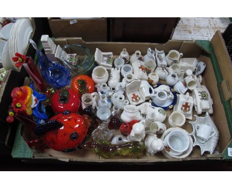 Murano Style Clown, goldfish, glass figures of animals, glass orange, pair of striped red vases, Mdina glass basket:, Swan Ch