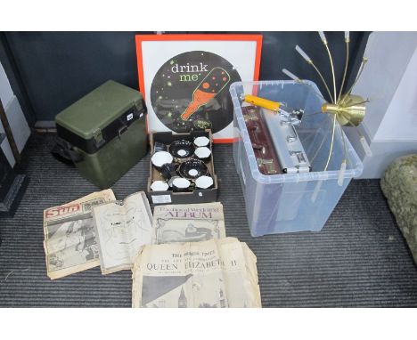 Old Royal Tea Ware, of twenty one pieces, Royalty newspapers. Drink Me poster, two cases, cool box, ceiling light.