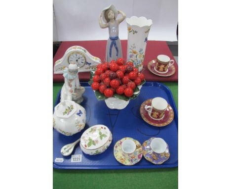 Lladro Figurine of a girl holding on to her hat, Nao figurine, pair of Wedgwood bone China cup saucers, 'Dancing Hours, Aynsl