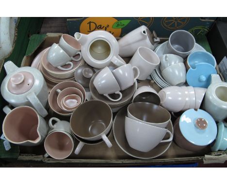 A Large Collection of Poole Two-Tone Pottery, various shades, including coffee and tea pots, etc:- One Box
