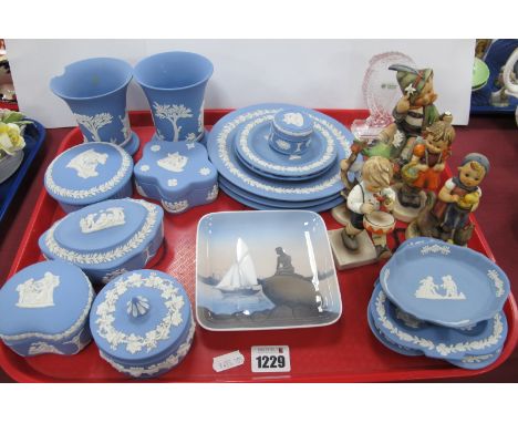 Wedgwood Powder Blue Jasper Ware, B &amp; G pin tray, Hummel figures, Galway glass harp:- One Tray.