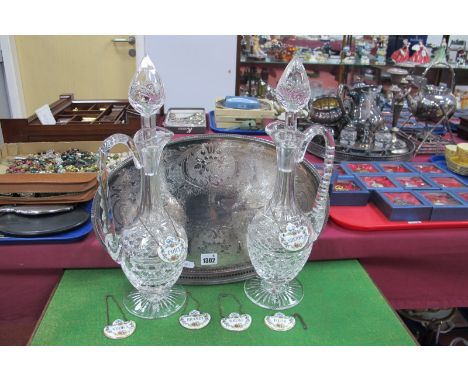 A Pair of Stuart Crystal Claret Decanters and Stoppers, six Crown Staffordshire labels - Vodka, Brandy, Whisky, Rum, Port and