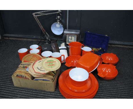 Vintage Melaware Bowls, etc, beer mats, Guinness, Double Diamond Watneys, etc, angle poise lamp, etc:- One Box