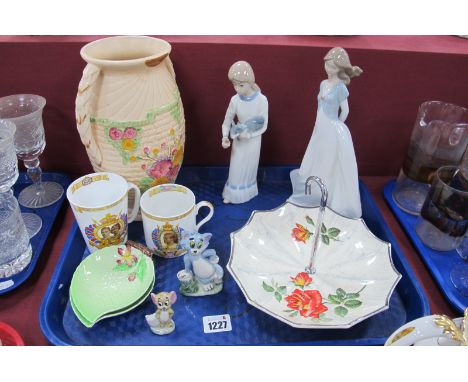 Midwinter Umbrella Cake Stand, Nao and Casades examples Shelley Commemorative mugs, Wade Tom (chipped) and Jerry, Carlton lea