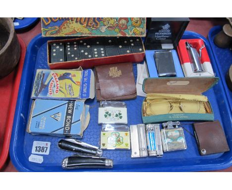 Orbit, Ronson, Marksman and Imco Triplex Junior Lighters, Richards and Rodgers pocket knives, dominoes, playing cards, etc:- 