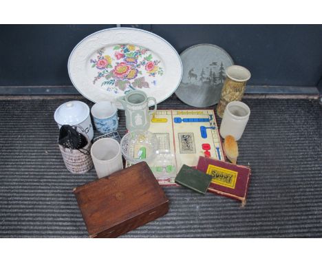Wedgwood 'Patrician' Meat Plate, enamel 'Sugar' container, Peter Hall studio pottery cylindrical vase, work box, etc:- One Bo