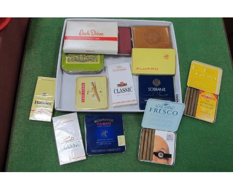 Cafe Cream Cigars, Hamlet cigars, Castella Classic cigars, cigarette case, Hannah Montanna collectable game cards.