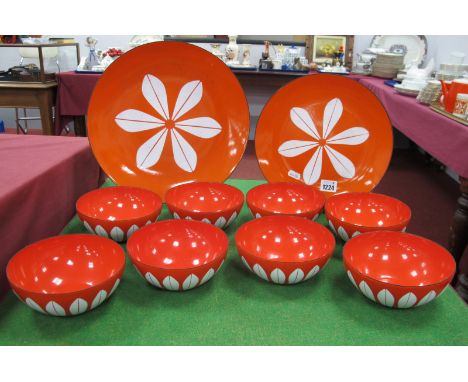 Catherine Holm, Norway, red - white enamel bowls, together with two similar plates:- One Tray.