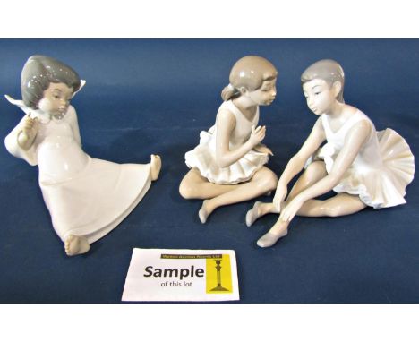 Six Lladro / Lladro Nao figures, mainly of children in various poses comprising two ballerinas, a boy and girl in nightgowns,