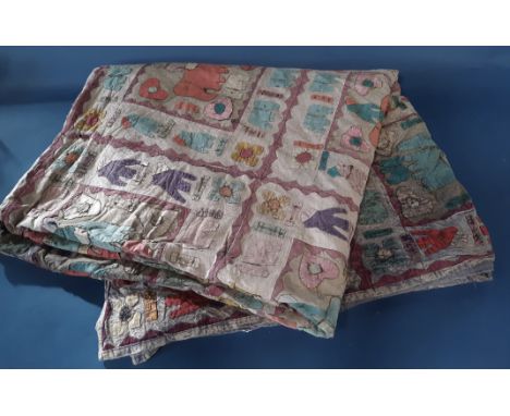 Vintage Indian bedspread/ throw with elephant and flower motifs appliqued to a grey ground with distressed/ washed finish. So