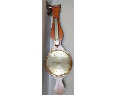 A Georgian satinwood wheel barometer with cross banded borders and silvered dials, with etched detail, by Francis Crow of Fav