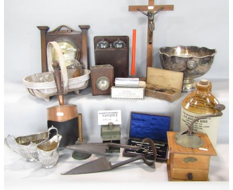 A miscellaneous collection of items including, an oak wall barometer, coffee grinder, a pair of shears, silver plated fruit b