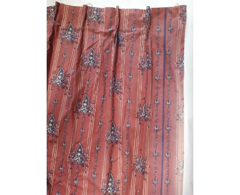 Two pairs French vintage curtains, lined, in patterned cotton with dusky pink ground 'Raioum' by Les Olivades. Both pairs len