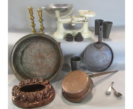 Vintage kitchen ware, including a copper jelly mould, weighing scale with some weights, a sieve, pots and pans and a pair bra