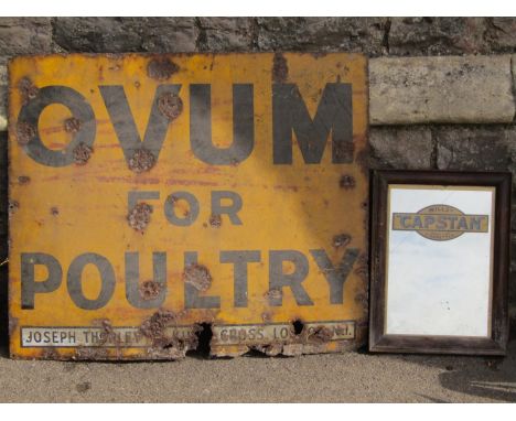 A vintage enamel sign of rectangular form advertising Ovum For Poultry, yellow ground with black lettering, 81 cm x 68 cm (af