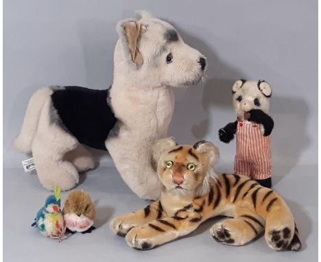 Vintage soft toy collection including a standing dog by Merrythought, height 28cm, a tiger (no makers mark, possibly Steiff),