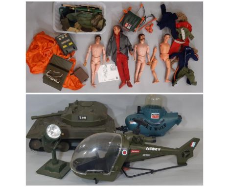 Large collection of vintage Action Man figures, unsorted clothing, equipment and military vehicles including 2 1960's figures