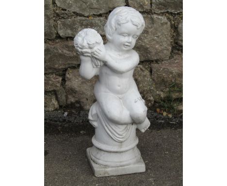 A painted (to simulate marble) hollow bisque/pottery garden or interior ornament in the form of a cherub seated on a classica