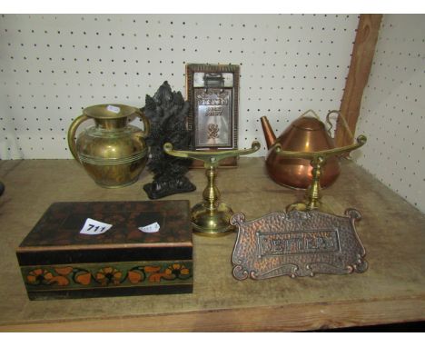 A collection of Arts &amp; Crafts metal ware including a pair of brass fire dogs, a beaten copper letter sprung letterbox, a 