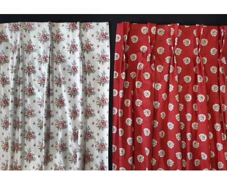 Pair of lightweight curtains in floral cotton print, lined with double pleat heading, approx length 220, bottom width 230, fi