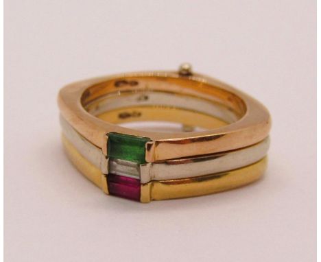 18ct tri-colour hinged puzzle type ring, multi gem set with baguette-cut stones, size K, 9.2g 