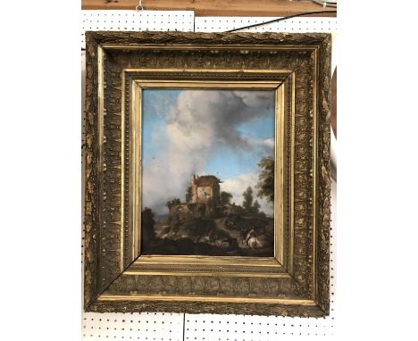 Dutch School hunting scene print on canvas in moulded laurel leaf pattern gilt frame, framed dimensions approx. 54 x 62 cm 