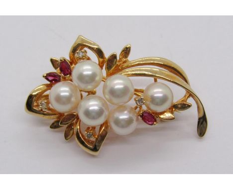 Vintage 14ct pearl, ruby and diamond spray brooch / pendant, 7.1g